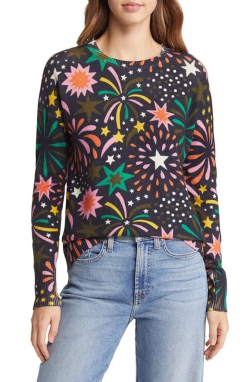 Boden Margot Fireworks Cashmere Crewneck Sweater Navy Firework Bloom Womens US 6